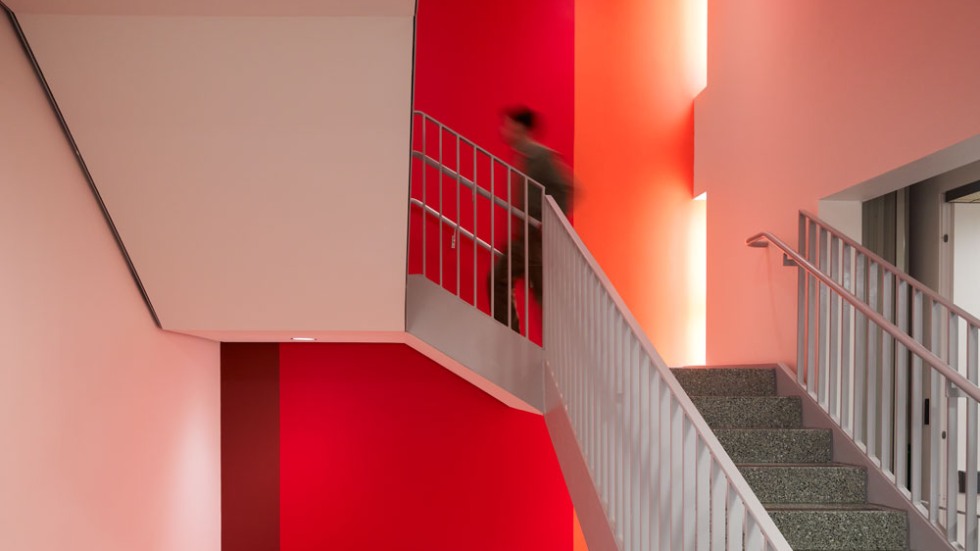 Student walking up staircase